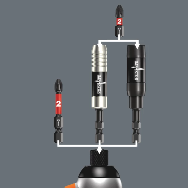 Държач за битове 897/4 IMP R Impaktor с пръстенов магнит и фиксиращ ринг, 1/4''x75, 05057676001, WERA