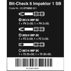 Комплект битове Mini-Check IMP DC 50 mm PH/PZ/TX SB, 05073890001, WERA