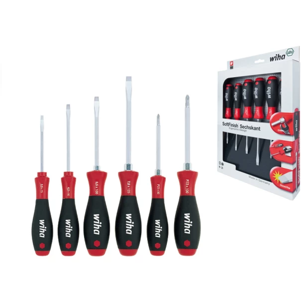 Комплект отвертки SoftFinish плоски, Pozidriv 6ч с шестостенен накрайник, 21249, WIHA