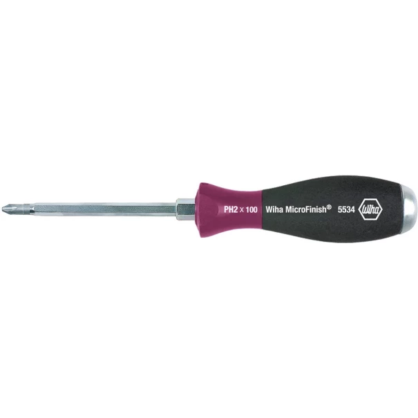 Отвертка MicroFinish Phillips с шестостенно стебло, PH2x100mm, 29150, WIHA